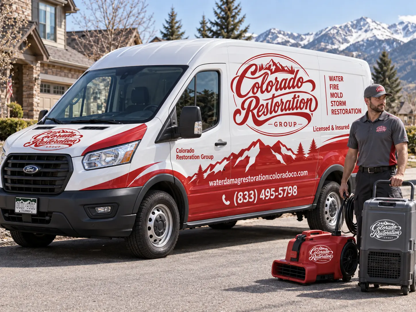 Water damage restoration crew responding to flood damage in a Englewood, CO home